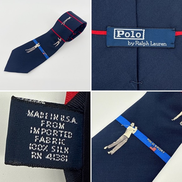 Polo Ralph Lauren Silk Necktie Mens Navy Blue Golf Sport Print Made In USA - Picture 1 of 12